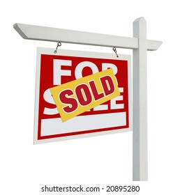 Sold Home For Sale Real Estate Sign Isolated On A White Background.