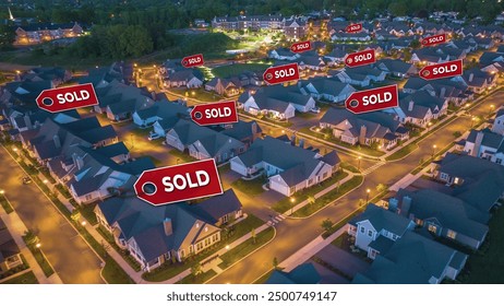 Sold icons over American suburban houses at dusk. USA Real estate market. Aerial - Powered by Shutterstock