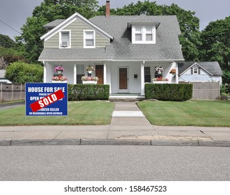 Sold Real Estate Sign Front Yard Lawn Suburban Landscaped Home Residential Neighborhood USa