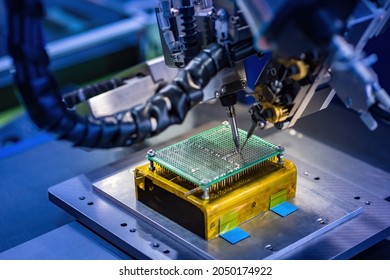 Soldering transistor microcircuit. Creation microprocessor. Microprocessor soldering machine. Microcircuit inside some equipment. Chip cooling system. Concept production of microcircuits for cars
