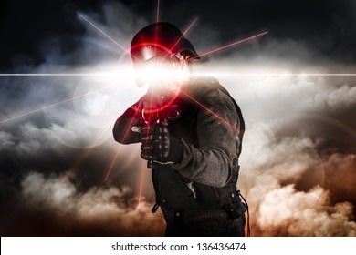 Soldier Aiming Assault Rifle Laser Sight