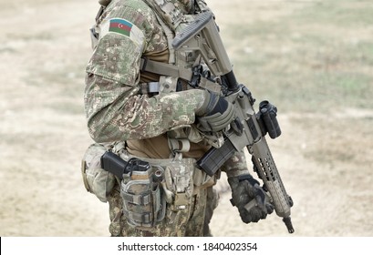 Soldier With Assault Rifle And Flag Of Azerbaijan On Military Uniform. Collage. 