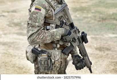 Soldier With Assault Rifle And Flag Of Colombia On Military Uniform. Collage. 