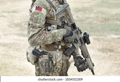 Soldier With Assault Rifle And Flag Of Taiwan On Military Uniform. Collage. 