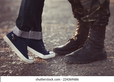 Soldier Boots Saying Goodbye His Girlfriend In Jeans