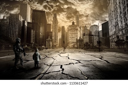 A Soldier And A Child Stand On The Road Of A Ruined City Under A Scary Sky.