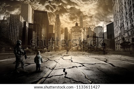 A soldier and a child stand on the road of a ruined city under a scary sky.