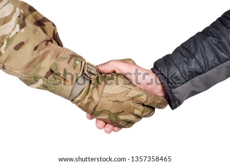 Soldier and civilian shaking hands on white background