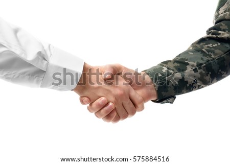 Soldier and civilian shaking hands on white background, closeup