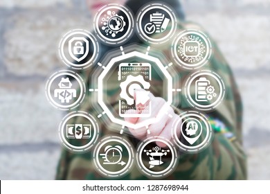 Soldier Clicks A Smartphone With Integration Cog Wheel Button On A Virtual Panel. Mobile Management API Application Modern Army Information Technology. Soldiers Smart Phone Mobile Communication.