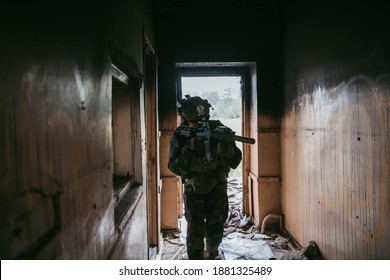 Soldier In Combat. Urban Combat Training, Soldier Entering Abandoned Building. Anti Terrorist Operation Battlefield Training.