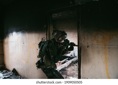 Soldier In Combat. Urban Combat Training, Soldier Entering Abandoned Building. Anti Terrorist Operation Battlefield Training.