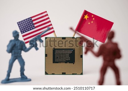 Soldier, CPU computer (central processing unit) US and Chinese flag on white background. US vs China chip war or tech war, semiconductor industry concept. US restrict and control chip export to China.