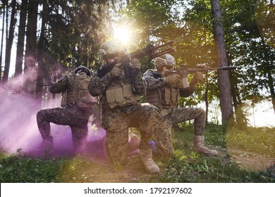 Soldier Fighters Standing Together With Guns. Group Portrait Of US Army Elite Members, Private Military Company Servicemen, Anti Terrorist Squad