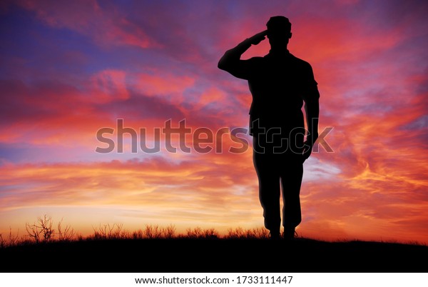 Soldier full body silhouette saluting gesture at\
sunset copy space