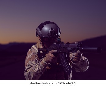 Soldier With Full Combat Gear In Night Mission