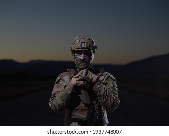 Soldier With Full Combat Gear In Night Mission