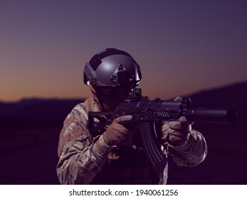 Soldier With Full Combat Gear In Night Mission