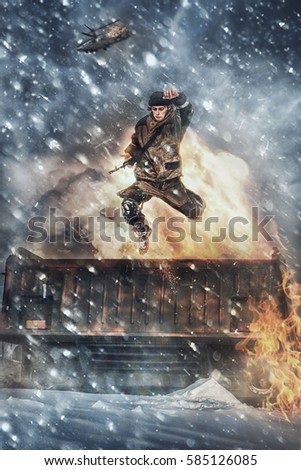 soldier with a gun and automatic machine in winter