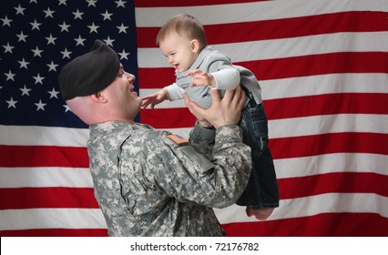 Soldier holding his son in the air - Powered by Shutterstock