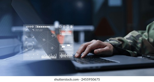 soldier man hand click on laptop to use program of radar and radio aviation for test system of tracking and defense at the dark control room center in monitor station for military technology concept
