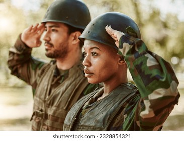 Soldier, military and people salute in nature for service, protection and battle outdoors. War training, national army and man and woman in position for veteran honor, greeting and official duty