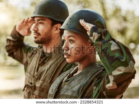 Soldier, military and people salute in nature for service, protection and battle outdoors. War training, national army and man and woman in position for veteran honor, greeting and official duty