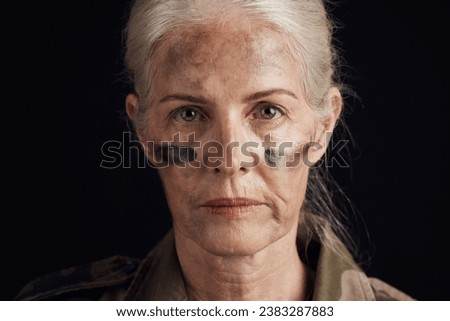 Soldier, military portrait and senior woman of protection force, battle warrior or Ukraine war hero, leader or navy veteran. Army courage, face paint and elderly studio person on black background