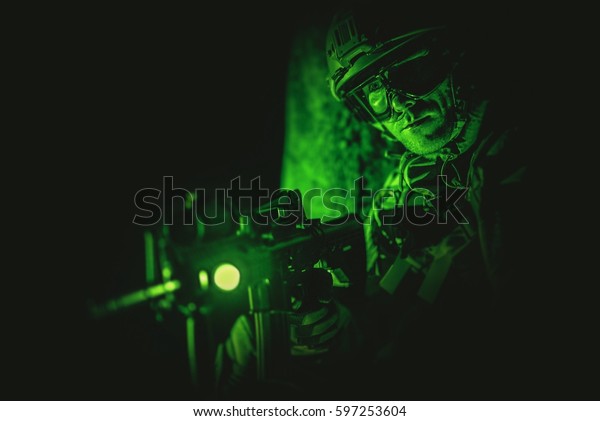 Soldier Night Vision Spotting. Military Concept.
Operation at Night.