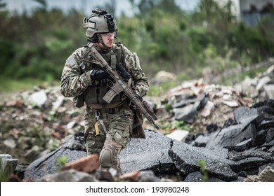 Soldier On Patrol At Modern Battle Field