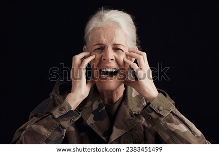 Soldier portrait, scream and senior woman with PTSD trauma, mental health or anxiety from military service. Army crisis, survivors guilt and studio face of elderly person stress on black background