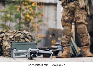 Soldier Is Preparing To Launch Modern Army Drone For Military Reconnaissance, Artillery Guidance And Surveillance Operation.