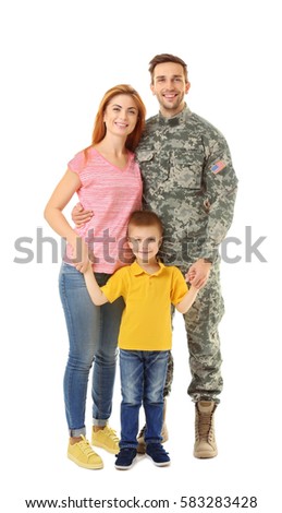 Soldier reunited with family on white background