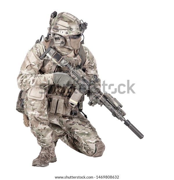 Soldier Rifle Standing On Knee Studio Stock Photo (Edit Now) 1469808632