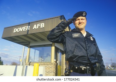 Soldier Saluting At Main Gate Of Dover Airforce Base, Dover, Delaware