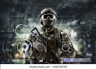 Soldier special forces in glasses with weapons in their hands on a futuristic background.  Military concept of the future.