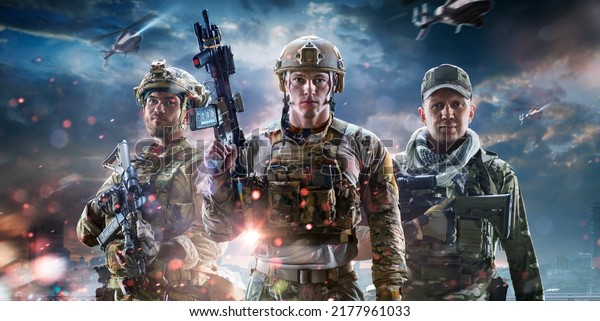 Soldier special forces on a futuristic\
background. Military concept of the\
future.