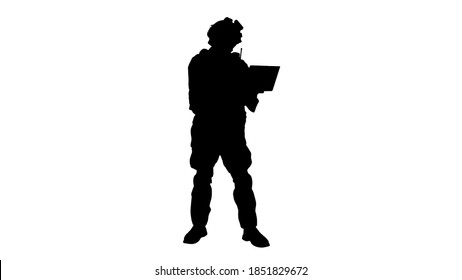 Soldier Standing And Using Laptop, Alpha Channel