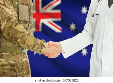 Soldier In Uniform And Doctor Shaking Hands With National Flag On Background - Australia