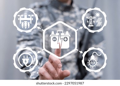 Soldier using virtual touch screen presses icon: ACCUMULATOR. Military concept of accumulator, battery, energy storage. Uninterrupted power supply for the army.