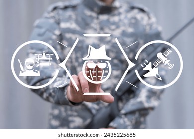 Soldier using virtual touch screen presses icon: earth globe wearing glasses and hat. Military hacking, darknet technology. Army hackers. Digital wars. Military digital protection.
