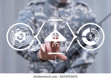 Soldier using virtual touch screen presses smart drone icon symbolizing: MODERN MILITARY TECHNOLOGY. Military Flying Weapons Production Smart Drones Air Fighters AI Rockets Industry Automation Concept