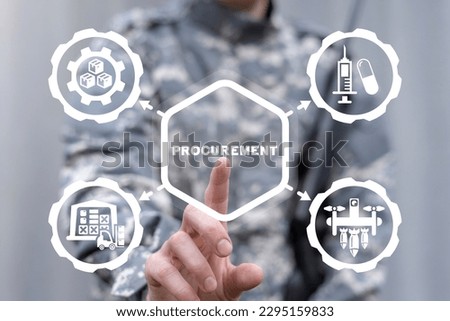 Soldier using virtual touch screen presses word: PROCUREMENT. Army Procurement Management concept. Military Procurement.