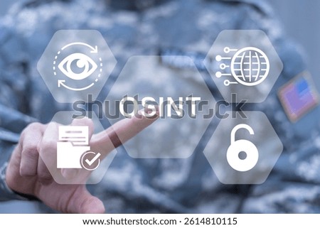 Soldier using virtual touch screen push text: OSINT. OSINT or Open Source INTelligence Investigation War Coverage Concept. Open data access gathering.