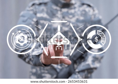 Soldier using virtual touch screen presses smart drone icon symbolizing: MODERN MILITARY TECHNOLOGY. Military Flying Weapons Production Smart Drones Air Fighters AI Rockets Industry Automation Concept