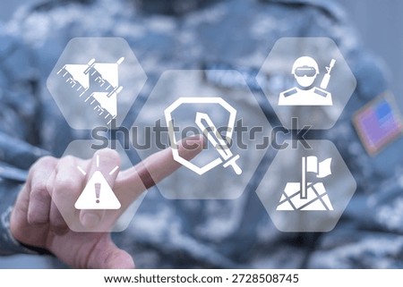 Soldier using virtual touchscreen presses icon of shield with sword symbolizing: military weapons, defense, attack. Attack and Defense Military Modern Tactics Concept. Shield and sword as army symbol. Hybrid war.