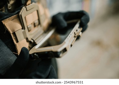 Soldier wearing tactical gloves operates a rugged tablet attached to their vest, likely using specialized military software for communication or mission planning - Powered by Shutterstock