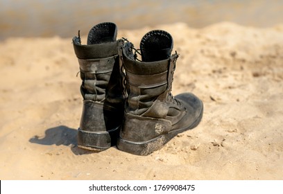 Soldiers Boots Of The Israeli Army On The Sand, View From The Back, Middle East.