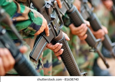 
Soldiers Carrying M16 Guns In Military Combat Training To Prevent Terrorism That May Attack At Any Time. In The Military, The Basic Military Equipment Is The Main Gun.