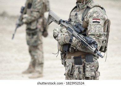 Soldiers With Machine Gun And Flag Of Egypt On Military Uniform. Collage. 